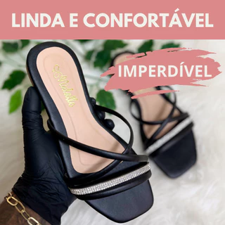 Rasteirinha rasteira baixa bico quadrado Brilho e Strass Confort - REF:014