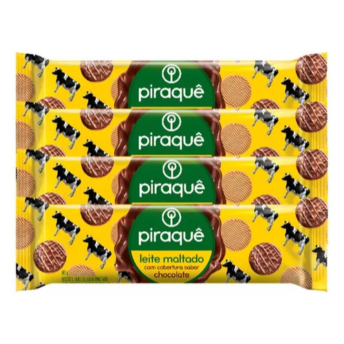 Piraquê Biscoito Maltado Coberto Chocolate 80g – Pack 4 Und