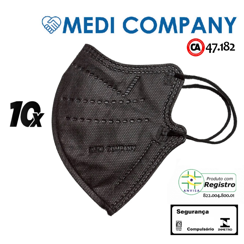 Kit 10 Máscaras Medi Company PFF2 preta Adulto c/ ANVISA | Shopee Brasil