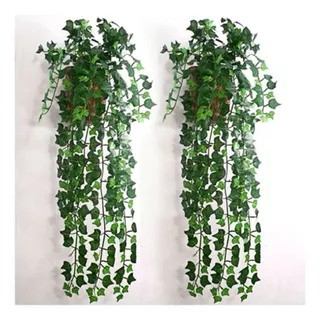 2 kit Planta Artificial Decorativa Pendente com 3 Trepadeira Folhas de Hera + Vaso Trançado Marrom