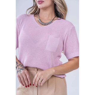 Camiseta Feminina Basiquinha Tricot Blusa T-shirt com bolsinho