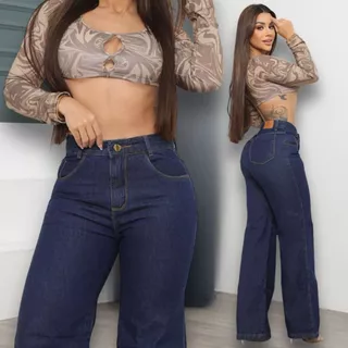 Calça Jeans Feminina Wide Leg Bloguerinha Premium Cintura Alta Levanta Bumbum