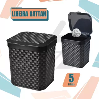 Lixeira Cesto Rattan 5 Litros Preta Com Tampa Cozinha Banheiro Lixeira Pia Muliuso