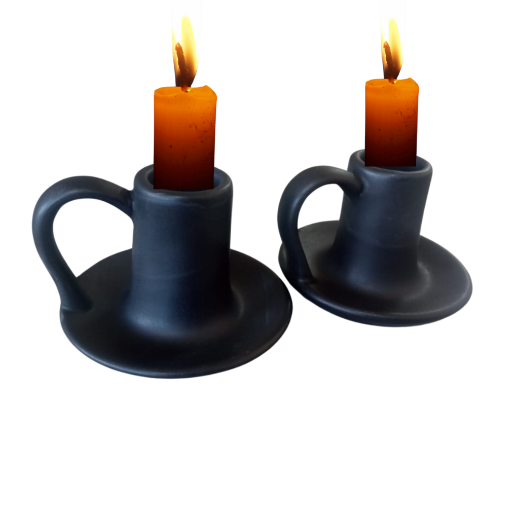 Kit com dois castiçal em cerâmica para vela normal preto