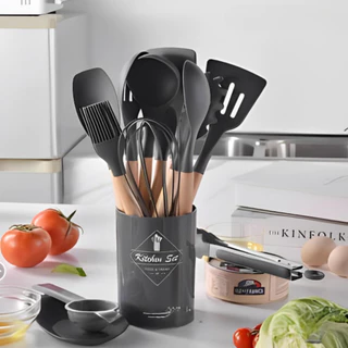Jogo de Cozinha Kit C/12 Peças Utensílios de Cozinha em Silicone e Cabo de Madeira Antiaderentes