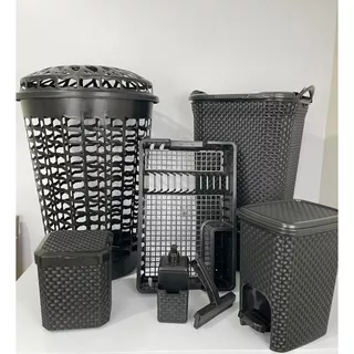 Kit Rattan Master Completo Cesto 50L, Lixeira 7L, Lixeira 5L, Escorredor, Dispenser Pia e Rodo Pia