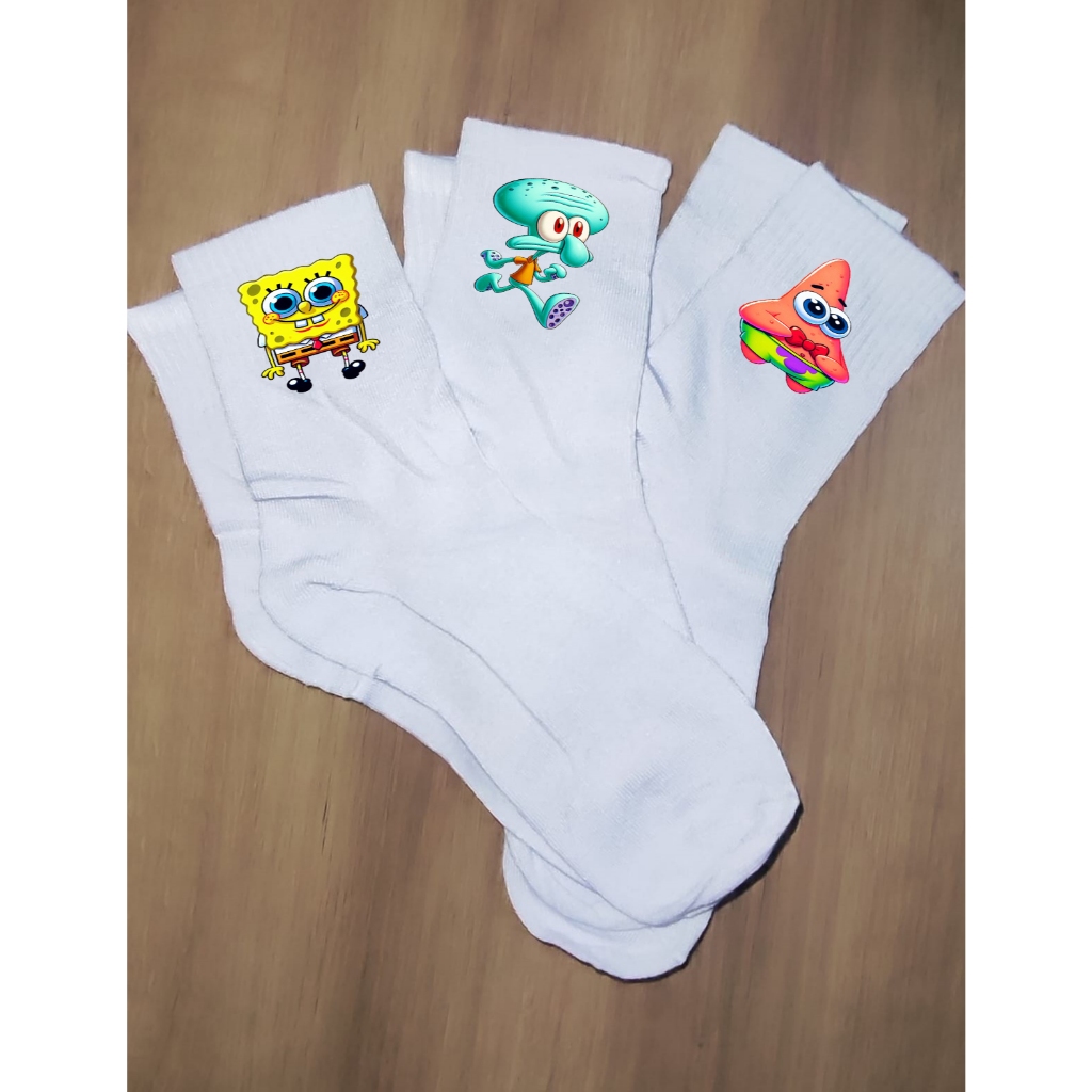 KIT 3 PARES DE MEIAS PERSONAGENS BOB ESPONJA, POKEMON, DIVERTIDO ONE PIECE SERVE DO 34 AO 44 ENVIO RÁPIDO