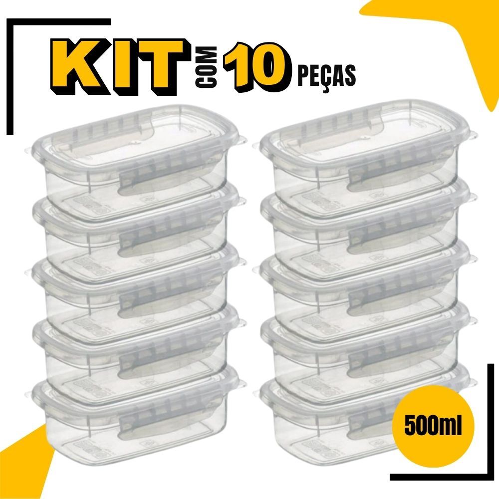 Kit Marmitas Fitness 500ml Para Freezer E Microondas Potes Plásticos com Trava Hermético