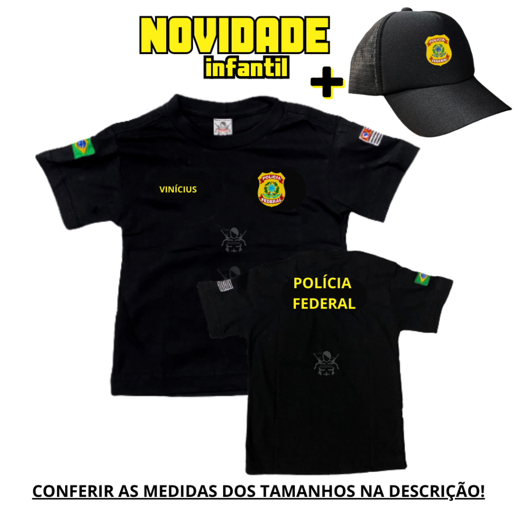 Camiseta Infantil Da Policia Federal Boné Infantil Personalizado Informar Nome Shopee Brasil