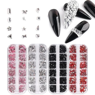 Kit 4 Caixas/12 Grade Multi Tipo Hotfix Rhinestones Flatback Cristal Diamante Gemas 3D Glitter Nail Art Decoração Luxuosa