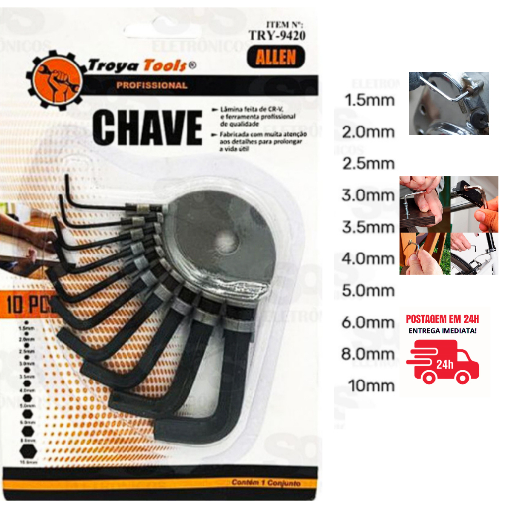 Chave Allen Jogo Chaves  Kit Chave allen alem Jogo allen 10 chaves Troya Tools