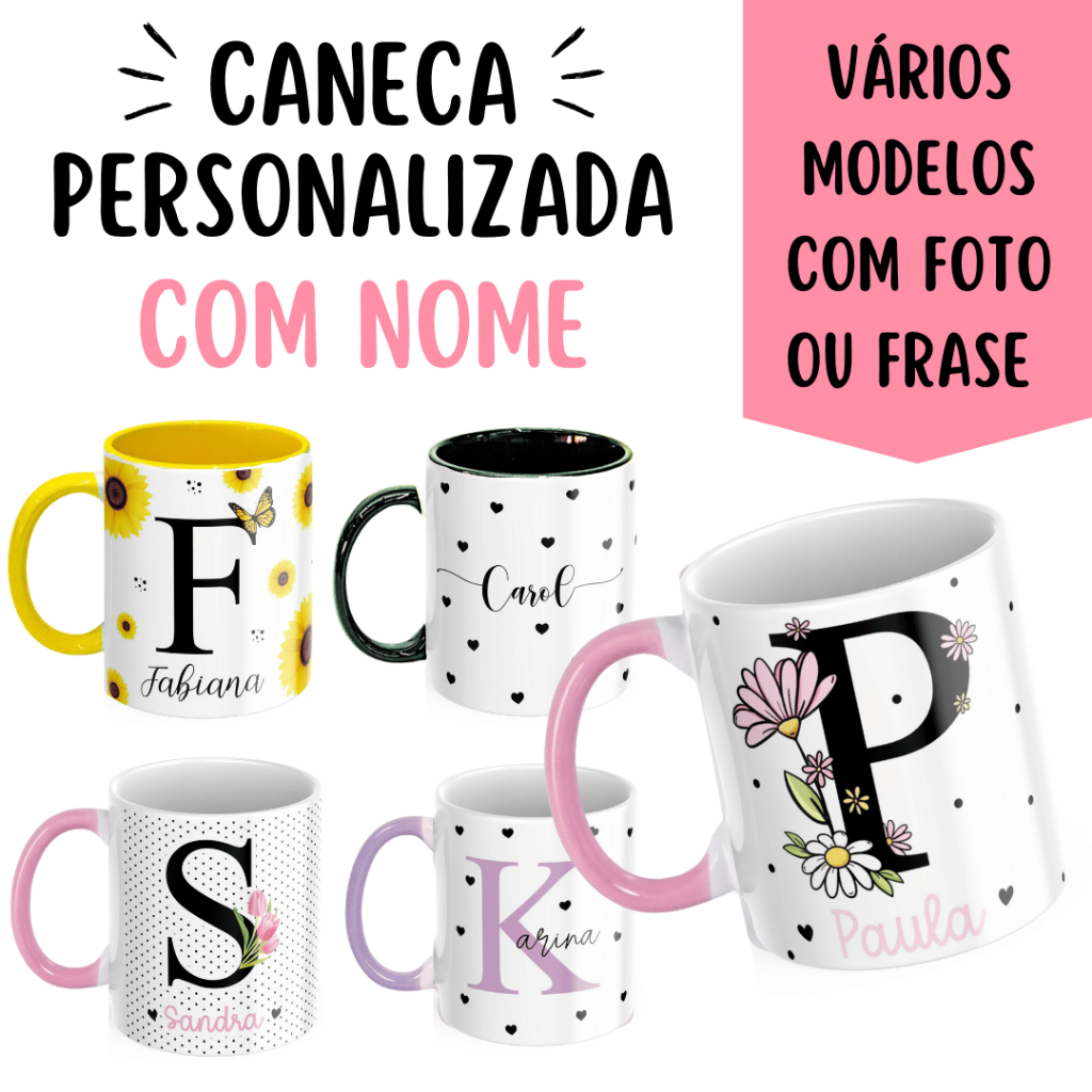 Caneca Xícara Personalizada Com FOTO Com Nome Com Frase Alfabeto Floral