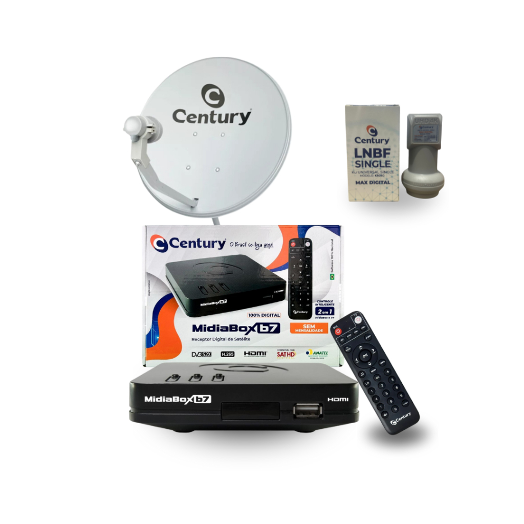 Kit Antena Parabólica Completo Com Receptor Digital Century MidiaBox B7 Lnbf Century Sem Cabo