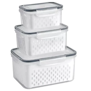 Organizador com 3 potes Herméticos De Geladeira para frutas, alimentos inclui Cesto tampa