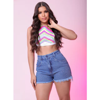Short Jeans Feminino Com Brilho Barra Desfiada