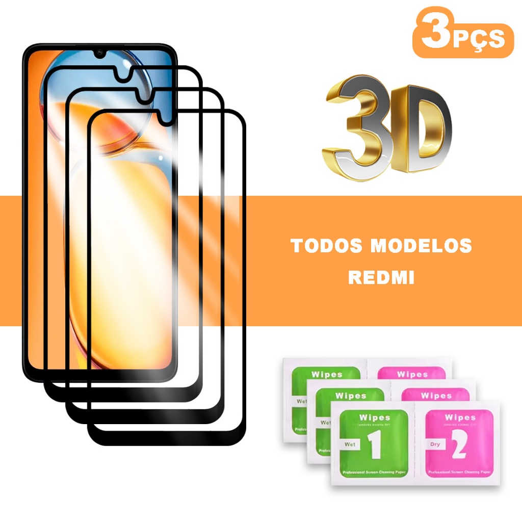 Kit 3 Película 3D Vidro Temperado Para Xiaomi Redmi Note 13 Pro Note 12 Pro Note 11 Pro Note 10 Pro Note 9 Pro Note 8 Pro Note 7 Pro 13C 12 12C 10 10C 10A 9 9C 9A 8 8A 7 7A