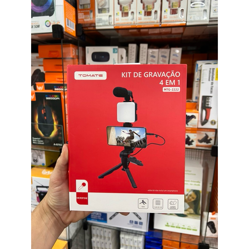 Kit Youtuber Gravação 4 em 1 com Microfone LED Suporte Celular