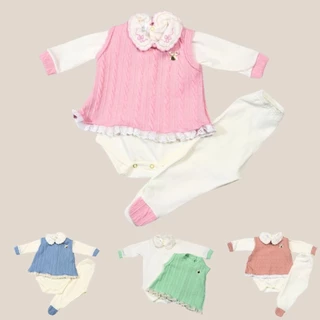 Conjunto de Pagão Feminino 3 Peças – Vestidinho em Tricô + Body e Mijão em Malha