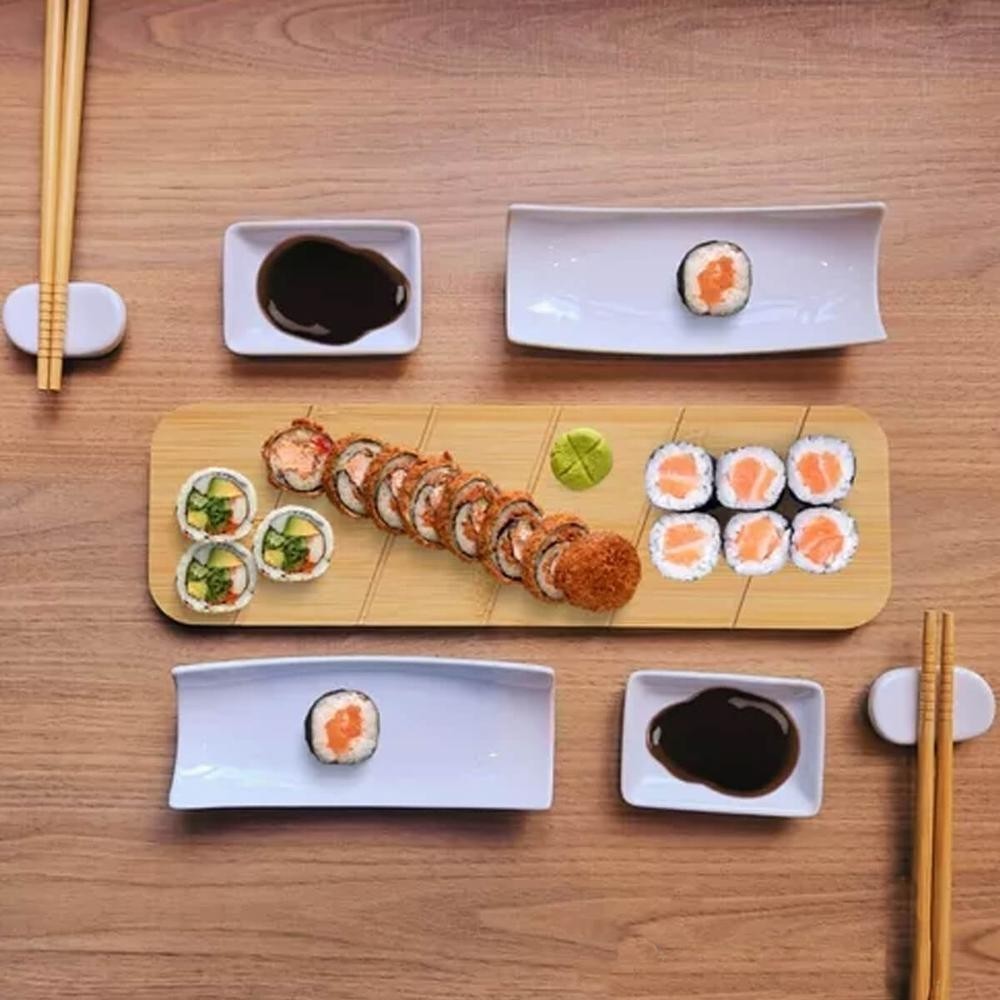 Kit Sushi com hashi em Bambu e Cerâmica 9 peças / 8 Peças / 7