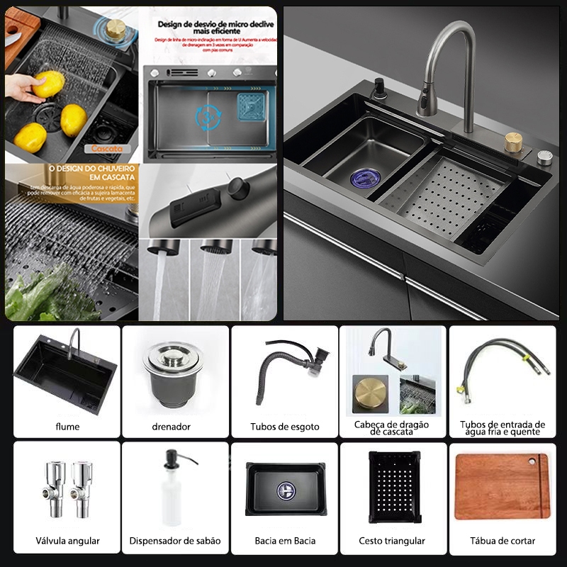 Deluxe Kit Cuba Cozinha Gourmet Aço Inox C/ Torneira Flexível Preto