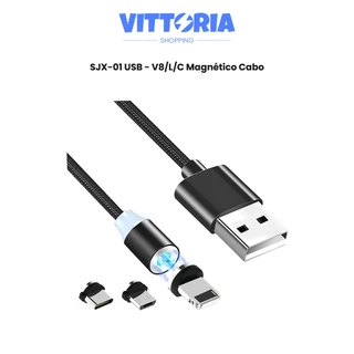 Cabo de Carregador Turbo SJX-01 USB Carga Magnético 3 em 1 V8/Lightning/Tipo-C 1 Metro