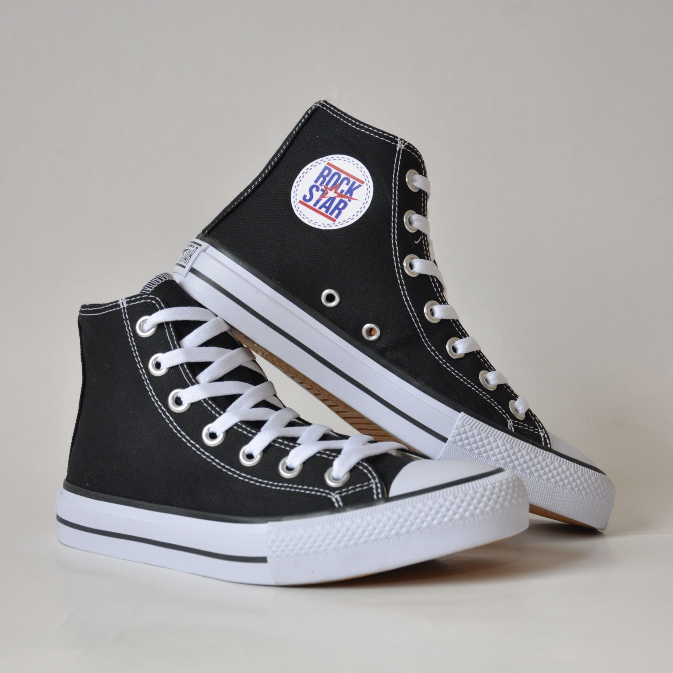 Tênis Cano Alto Preto Masculino E Feminino Alta Qualidade Básico Casual Rock Star