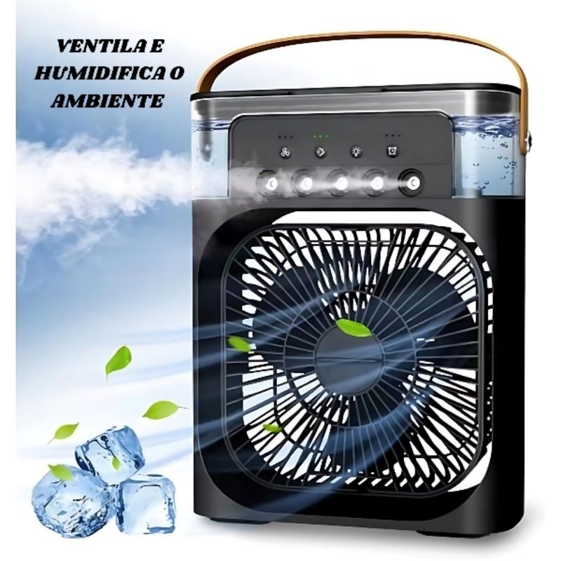 humidificador e ventilador purificador de ar potente com 4 jatos 3 velocidade reservatório de água e óleo essencial cor preto climatizador