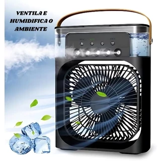 humidificador e ventilador purificador de ar potente com 4 jatos 3 velocidade reservatório de água e óleo essencial cor preto climatizador