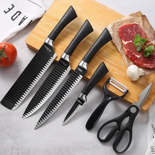 Kit 6 Peças Conjunto de Faca Carne Legumes Aço Carbono Descascador Tesoura Profissional(lolibiju)