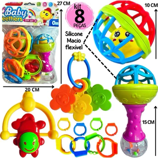 Kit Brinquedo Bebe Chocalho Mordedor Silicone Macio Bola Colorida 8 Peça Presente Para Menina e Menino Móbile para Berço Kit Brinquedo Bebe Chocalho Mordedor Silicone Macio Bola Colorida 8 Peça Presente Para Menina e Menino Móbile para Berço
