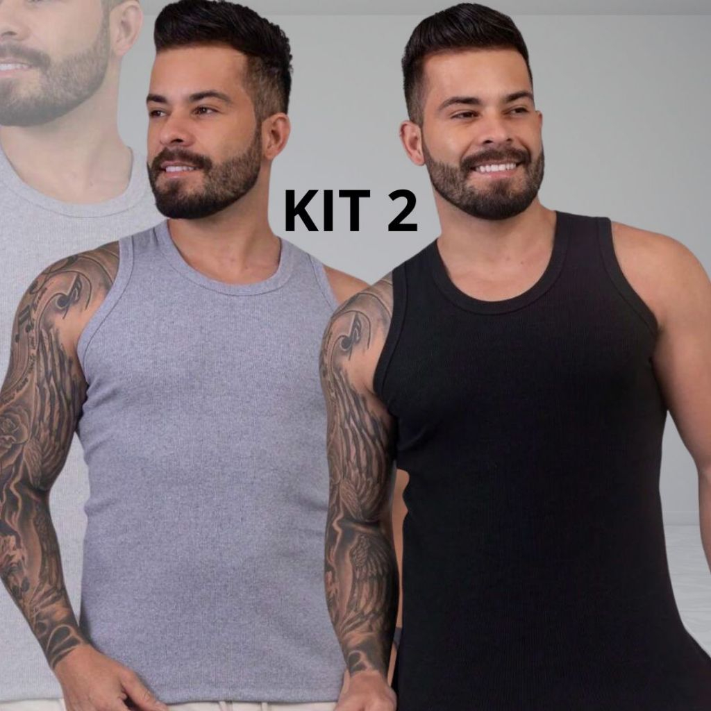 Kit 2 Camisetas Regatas Masculina Americana Canelada Algodão Elastano