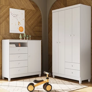 Guarda Roupa Infantil 4 Portas Com Cômoda 1 Porta 4 Gavetas Aquarela Branco - Clique Chique Móveis
