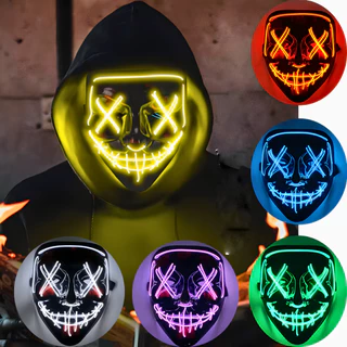 Máscara LED Neon Halloween Balada Festa Terror Cosplay Fantasia Masculina Carnaval Filme Uma Noite de Crime Caveira Horror Engraçado Fantasma Sangue Rosto Inteiro