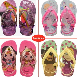 Chinelo Havaianas Baby Masha Peppa Pig Princesa Ariel Nasa Infantil Minnie Lilas Elástico Desenho