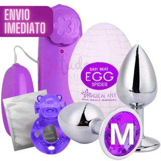 Kit Sex Shop Vibrador Cápsula Multivelocidades com Controle + Anel Peniano Vibratório + Egg Ovo Masturbador + Plug Anal Tamanho Médio