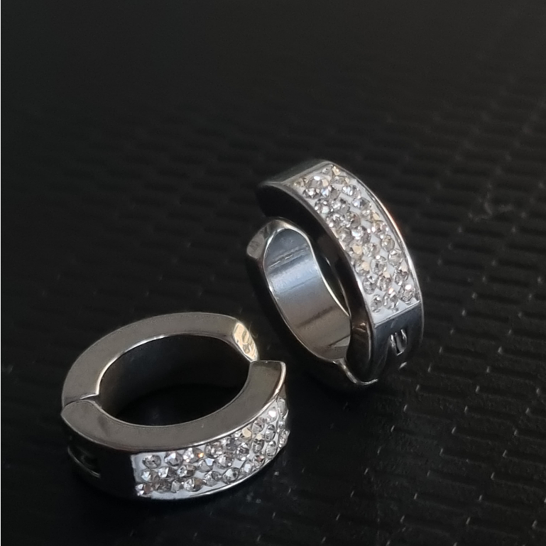 Brinco de Pressão Prata 3 Fileiras Cravejadas Unissex - AÇO INOX