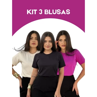 KIT 3 T-SHIRT GOLA O FEMININA BLUSA FEMININA COM MANGA MENEGOTTI 100% ALGODÃO