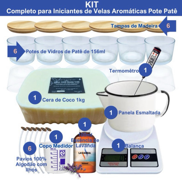 kit completo para iniciante velas artesanais Cera de Coco C/Pote de Patê
