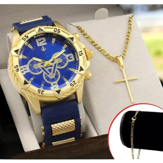 Relógio Masculino Kit Banhado a Ouro Original + Colar com Cruz + Pulseira Presente Masculino