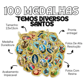 100 Unidades - Medalha Católica Dourada: Escolha entre Vários Santos em Chapa Resinada para sua Devoção e Proteção