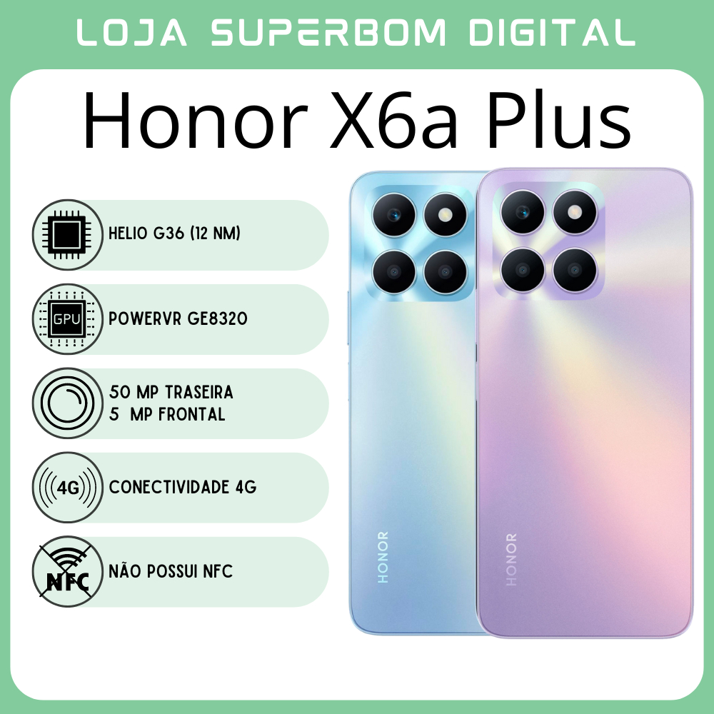 Honor X6a Plus 4G 256GB ROM / 6GB RAM | Envio do Brasil | Smartphone 4G , Processador Mediatek Helio G36 (12 nm), Bateria5300 mah