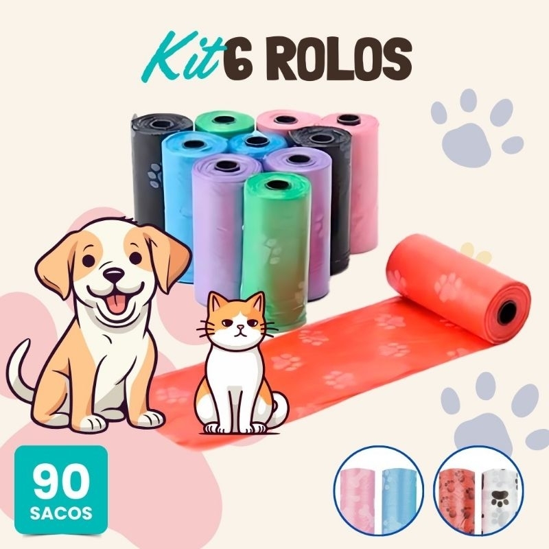 Kit 90 Refil Cata Caca Pet Saco Biodegradável Higiênico Lixo Coco Cães Gato Acessórios Banho e Tosa Rolo Rolinho