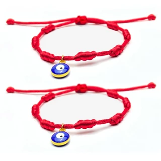 Kit 2 Pulseiras 7 Nós Vermelha Kabalah com Pingente Olho Grego Proteção