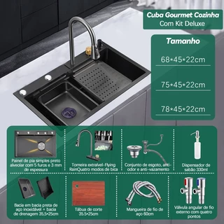 Kit Cuba Cozinha Gourmet Aço Inox C/ Torneira Flexível Preto~