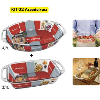 Jogo Kit 02 Assadeiras Lasanheira Vidro Travessa Oval 4,2L+Retangular 2,1L Selleta Grande Pequena