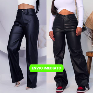 Calça Couro Fake Pantalona Wide Leg Feminina Blogueira Moda Gringa Ziper Cintura Alta