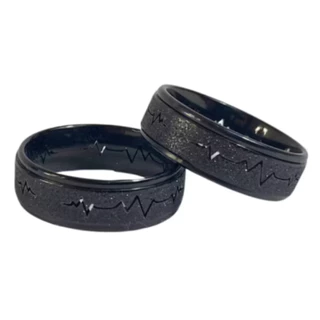 Anel Aliança Batimento Cardíaco de Aço Inox Preto com Brilho Masculino e Feminino