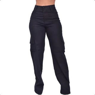 Calça Jeans Feminina Cargo Wide Leg Cintura Alta Com Bolsos