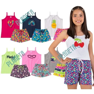 Kit 4 peças Infantil Juvenil Menina com Blusa Bordada com Alça e Shorts Estampado