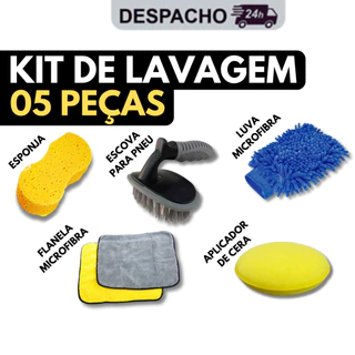 Kit de Lavagem Automotiva 5 Peças Esponja + Escova + Flanela Microfibra 30x60cm + Aplicador de Cera e + Luva Microfibra
